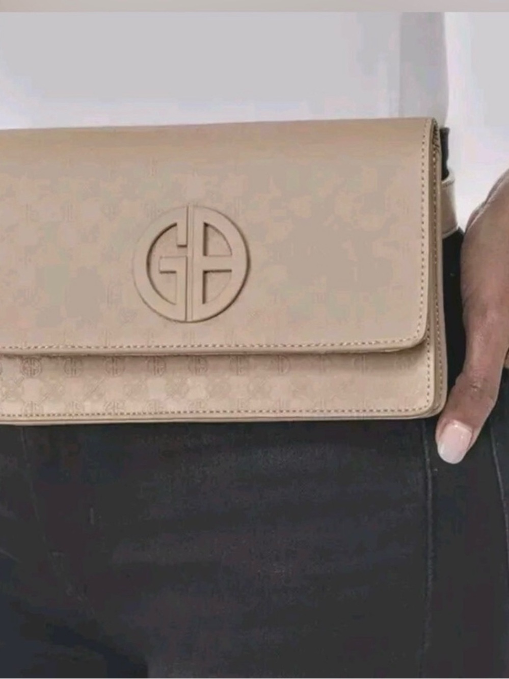 Beige Leather Crossbody Bag with Embossed Logo